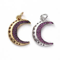 (52) Непрозрачная лаванда Кулоны с кубическим цирконием из латуни, с прыжковых колец, Луна и звезды, разноцветные, 19x13x3 мм, отверстие : 3 мм