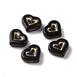 Black Opaque Acrylic Beads, Golden Metal Enlaced, Heart, Black, 12.5x14.5x5mm, Hole: 1.8mm, about 750pcs/500g