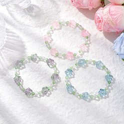 Mixed Color 3Pcs 3 Colors Plum Blossom Flower Glass Beads Stretch Bracelets for Women, Mixed Color, Inner Diameter: 2-1/8~2-1/4 inch(5.5~5.8cm), 1pc/color