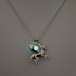 Лошадь Сплав с люминесцентной смоляной бусиной внутри подвески ожерелья для женщин и мужчин, платина, лошадь, 17.72 дюйм (45 см)