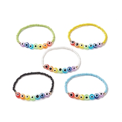 (52) Непрозрачная лаванда Браслеты из стеклянных семян и сглаза из смолы и латунных бусин для женщин, разноцветные, внутренний диаметр: 2-1/8 дюйм (5.5 см)