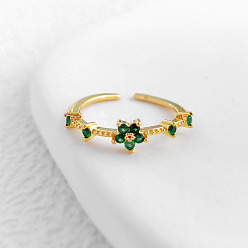 Зеленый Регулируемые манжеты-кольца из латуни с микропаве из кубических цирконий, золотые, зелёные, внутренний диаметр: регулируемый