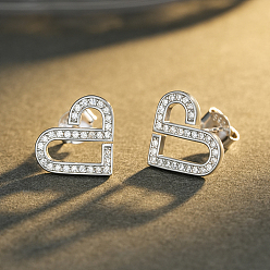 Silver 925 Sterling Silver Micro Pave Cubic Zirconia Heart Stud Earrings for Women, Silver, 13.2x11mm
