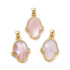 Розовая Раковина Натуральные розовые подвески, с настоящими 18 к золотыми медными выводами, долговечный, хамса рука, 17x12x2.5 мм, отверстие : 4x3 мм