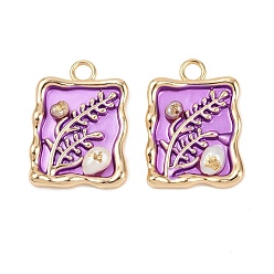 Фиолетовый Латунная эмаль и натуральный жемчуг прямоугольник с подвесками-цветами, реальный 18 k позолоченный, фиолетовые, 31.5x22.5x5.5 мм, отверстие : 3.5 мм