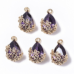 Indigo Brass Pendants, with Faceted Glass, teardrop, with Flower, Real 18K Gold Plated, Nickel Free, Indigo, 17x10x7mm, Hole: 1.4mm