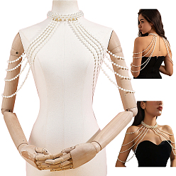 Golden 1Pc Round White ABS Plastic Imitation Pearl Beaded Multi-Layered Shoulder Chains, with Brass End Chains, Golden, 533mm
