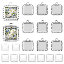 Stainless Steel Color DIY Pendant Kits, including 12Pcs 304 Stainless Steel Pendant Cabochon Settings, 12pcs Glass Cabochons, Square, Stainless Steel Color, Tray: 8x8mm, 15x12.5x2.5mm, Hole: 1.2mm