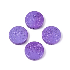 Blue Violet Two Tone Color Baking Paint Opaque Glass Beads, Flat Round with Flower Pattern, Blue Violet, 20x6~6.5mm, Hole: 1.4~1.6mm