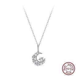 Real Platinum Plated 925 Sterling Silver Pave 5A Clear Cubic Zirconia Pendants, Moon Charms, Without Necklace, Rhodium Plated, Real Platinum Plated, 17mm