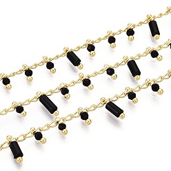 (946F)Морозный цвет внутри  Жонкиль / Непрозрачная зеленая подкладка Латунь бордюр цепи, с натуральным черным агатом и стеклом, пайки, с катушкой, долговечный, золотые, пайки, 8~9x2~2.5 мм