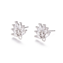 Platinum Brass Cubic Zirconia Stud Earring Findings, with Loop, Flower, Clear, Platinum, 12x11.5x2.5mm, Hole: 1mm, Pin: 0.8mm