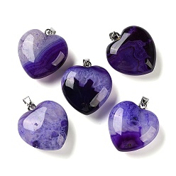 Violeta Oscura Colgantes de ágata con núcleo de cristal natural teñidos y calentados, con 304 presas de acero inoxidable a presión, encantos del corazón, color acero inoxidable, violeta oscuro, 32~33x30x13~14 mm, agujero: 7x4 mm