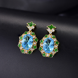 Dodger Blue Brass Micro Pave Cubic Zirconia Oval Stud Dangle Earrings for Women, Golden, Dodger Blue, 31x16.4mm