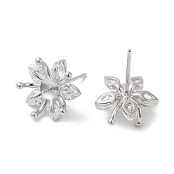Real Platinum Plated Rhodium Plated 925 Sterling Silver Stud Earring Findings, with Cubic Zirconia, Flower, for Half Drilled Beads, Real Platinum Plated, 12x12x5mm, Pin: 0.7mm