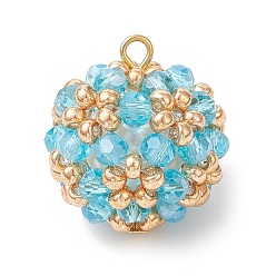 Светло-Голубой Подвески из гальванического стекла, круглых рокайль и стеклянных бусин-жемчужин, круглые, Небесно-голубой, 23.5x21 мм, отверстие : 2 мм