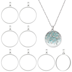 Платина 10 шт. 304 плоские круглые подвески из нержавеющей стали с открытой задней панелью, с 201 защелкой из нержавеющей стали на поручнях, платина, 38~39.5 мм