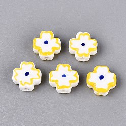 Yellow Handmade Porcelain Beads, Hand Painted, Famille Rose Porcelain, Clover, Yellow, 12~13.5x12~12.5x5.5~6mm, Hole: 2~2.2mm