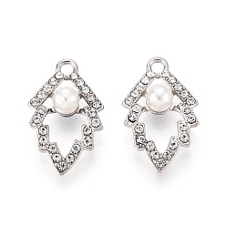 Платина Подвески из сплава и искусственного жемчуга со стразами, лист, платина, 22x13.3x6 мм, отверстие : 2 мм