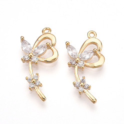 Настоящее золото 18K Латунные микро проложить кубического циркония подвески, без кадмия, без никеля и без свинца, сердце с бабочкой, реальный 18 k позолоченный, 22~23x11.8x3 мм, отверстие : 1.2 мм