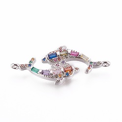 Платина Латунные микро проложить кубических ссылки циркония, Двухместный дельфин, красочный, платина, 15x33x3 мм, отверстие : 1 мм