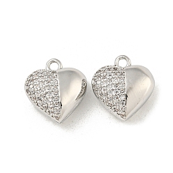 Платина Латунные микропаве прозрачные кубические циркониевые подвески, без кадмия, без никеля и без свинца, сердце, платина, 13.5x12x6 мм, отверстие : 1.5 мм