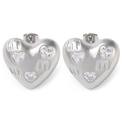 Platinum Heart Brass Micro Pave Clear Cubic Zirconia Stud Earrings, Long-Lasting Plated, Lead Free & Cadmium Free, Platinum, 19.5x21mm