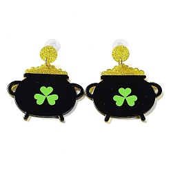 Black Saint Patrick's Day Sparkling Acrylic Dangle Stud Earrings, Clover, Black, 52x45.5mm