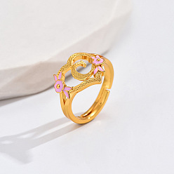 Letter C Регулируемые кольца для пальцев с латунным жемчугом и розовой эмалью в форме сердца и цветка, без кадмия, без никеля и без свинца, золотые, буква С, 14 мм, внутренний диаметр: 17 мм