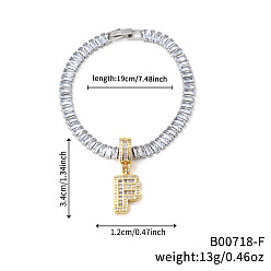 Letter F Модные латунные браслеты с подвесками из прозрачных кубических цирконий с микропаве, теннисные браслеты со стразами для женщин, буквы, Буква F, 7-1/2 дюйм (19 см)