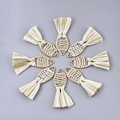 (404) Непрозрачное AB Кислое яблоко Хлопчатобумажная нить кисточка большие подвесные украшения, с металлическим шнуром и фурнитурой из сплава, долговечный, рыба, цветочный белый, 59~62x20~30x5 мм, отверстие : 2 мм