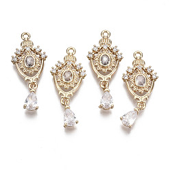 Clear Brass Micro Pave Cubic Zirconia Links, Long-Lasting Plated, Light Gold, Teardrop, Clear, 28x11.5x3mm, Hole: 1.2mm