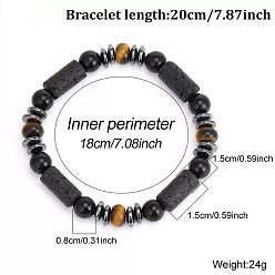 Черный Европейские синтетические немагнитные браслеты из гематита, натурального обсидиана, лавовой породы и тигрового глаза, выполненные из эластичных бусин, для мужчин., чёрные, 7.09 дюйм (18 см)