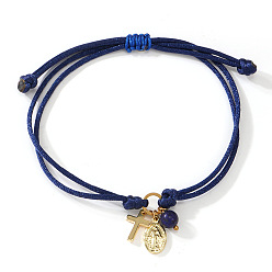 Темно-Синий Браслеты ручной работы из регулируемого латунного шнура с подвесками, крест с девственной мари, золотые, темно-синий, 11.02 дюйм (28 см)