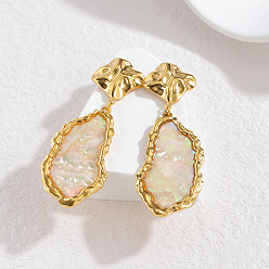 Белый 304 Серьги-гвоздики из нержавеющей стали и натуральной ракушки, самородки, золотые, белые, 56x21 мм