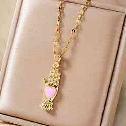 Pink Старинные латунные ожерелья с подвеской в виде руки с эмалью «Хамса», с четким кубического циркония, золотые, розовые, 15.75 дюйм (40 см)