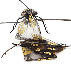 Skull Прямоугольные сумки из органзы на шнурке, пакеты для хранения конфет горячего тиснения, подарочный пакет на Хэллоуин, чёрные, череп, 15x10 см