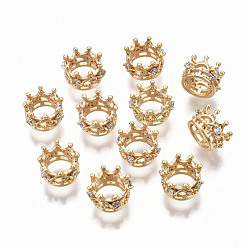 Real 18K Gold Plated Brass Micro Pave Clear Cubic Zirconia Beads, Large Hole Beads, Crown Shape, Real 18K Gold Plated, 9x5.5mm, Hole: 5.5mm
