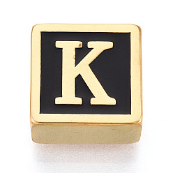 Letter K 304 Квадратные распорные планки из нержавеющей стали с черным эмалевым покрытием, 2-луночное, ионное покрытие (ip), реальный 18 k позолоченный, Письмо K, 12x12x6 мм, отверстие : 4.5 мм