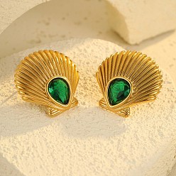 Зеленый 304 из нержавеющей стали кубического циркония серьги стержня, формы раковины, золотые, зелёные, 25x26 мм