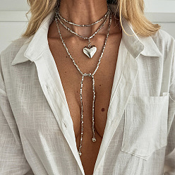 Платина Подвеска в форме сердца из сплава, пластиковый куб, многослойное ожерелье-лариата с бусинами для женщин., платина, 59.84 дюйм (152 см)