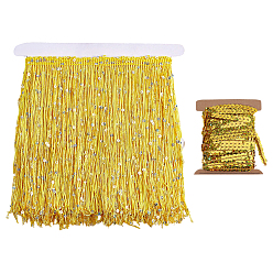 Gold 1 Bag Sparkle PET Paillette Beads, Sequins Trim, Ornament Accessories, with 2 Yards Polyester Tinsel Tassel Trimming, Gold, 1/4 inch(6mm)