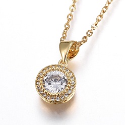 Золотой 304 ожерелья с подвесками из нержавеющей стали и латуни, с кубического циркония, плоско-круглые, прозрачные, золотые, 17.5 дюйм (44.8 см), Кулон : 12x9.5x4 мм