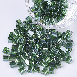 Dark Green 6/0 Glass Seed Beads, Transparent Colours Luster, Square Hole, Cube, Dark Green, 6/0, 3~5x3~4x3~4mm, Hole: 1.2~1.4mm, about 4500pcs/bag