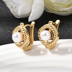 Настоящее золото 18K Плоские круглые 304 серьги-кольца из нержавеющей стали, с abs имитационными жемчужными бусинами , ионное покрытие (ip), реальный 18 k позолоченный, 17x13x16 мм