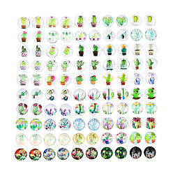 Mixed Color Glass Cabochons, Half Round/Dome with Cactus Pattern, Mixed Color, 12x4mm, about 100pcs/bag