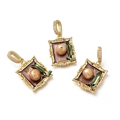 Rectangle Подвески из латуни с микропаве из циркония, с эмалью и натуральным жемчугом, реальный 18 k позолоченный, стойки покрытие, без свинца и без кадмия, прямоугольные, 23.5x19x8.5 мм, отверстие : 7.5x5 мм