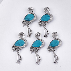 Небесно-голубой Броши / подвески из пресноводных ракушек, со смоляным дном и выводами из сплава, форма фламинго, античное серебро, голубой, 83.5x38x8~10 мм, отверстие : 4x3 мм, штифты : 0.7 мм