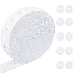Белый 1 рулон(9м) 25мм плоские резинки с петлей, 10 шт 4 плоские круглые резиновые пуговицы с отверстиями, окрашенные, швейные принадлежности для одежды, белые, кнопка: 15x2.5 mm, отверстие : 2 мм, 10 шт, плоский эластичный шнур: 25 мм шириной, около 9 м / рулон, 1roll