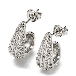 Platinum Rack Plating Rack Plating Brass Micro Pave Clear Cubic Zirconia Stud Earrings for Women, Cadmium Free & Lead Free, Hook, Platinum, 15x6.5mm